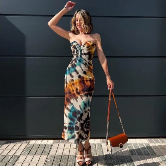 Zara Tulle Tie Dye Strapless Form Fitting Midi Maxi Dress Bloggers Fave, Size S - Picture 5 of 16
